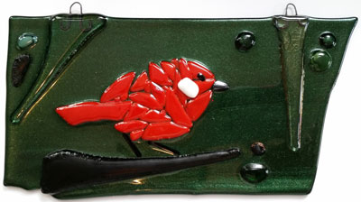 Red Warbler in fused glass